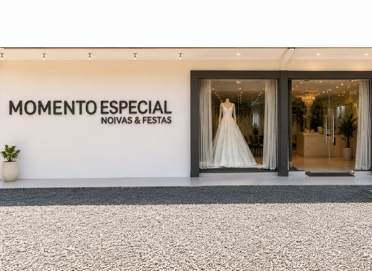 Fachada do ateliê Momento Especial em Joinville, loja de vestidos de noiva com modelos em exposição na vitrine